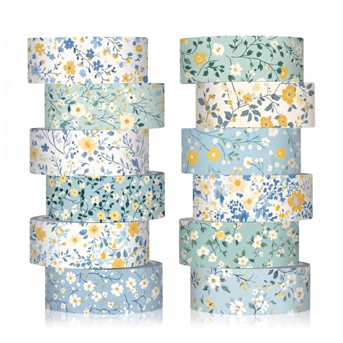 12 Rolls Watercolor Floral Washi Tape Set 15 mm Vintage Flower Decorative Masking Tape for Summer School Arts DIY Craft Scrapbook Journal Supplies Gifts(Blue,Wildflower) - color: Blue, style: Wildflower