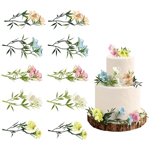 20pcs Artificial Flower Cake Toppers 3D Colorful Wild Flowers Branch Cake Ornements for Wildflower Spring Baby Shower Birthday Wedding Anniversary Bridal Shower Engagement Party Decoration Supplies - color: Pink 3