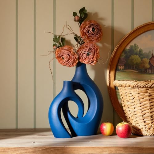 Levvohd Snuggle Hollow Ceramic Vase Set of 2, 11 inch Modern Nordic Coastal Shaped Pampas Grass Aesthetic Decorative Table Vases for Living Room Shelf Home Decor (Matte Navy Blue -L) - color: Matte Navy Blue - Xl