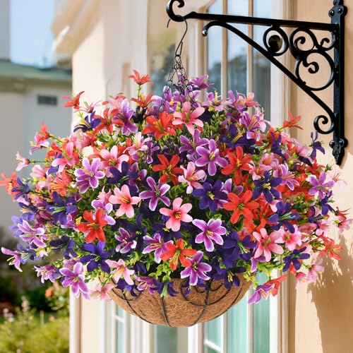 INQCMY Artificial Hanging Flowers for Outdoors, 6 Bundles UV Resistant Artificial Hanging Baskets,All Weather Fake Flowers for Patio, Porch, Yard, Window Box,Home for Spring Summer Decoration. - color: Light Red Purple Red Pink