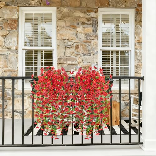 Hrobek 4 PCS Artificial Hanging Plants Flowers for Outdoor Srpring Summer Decoration, Fake Realistic Daisy Eucalyptus for Outdoors, Faux Plastic Greenery Long Vine Indoor Wall Patio Porch Decor - color: A-red