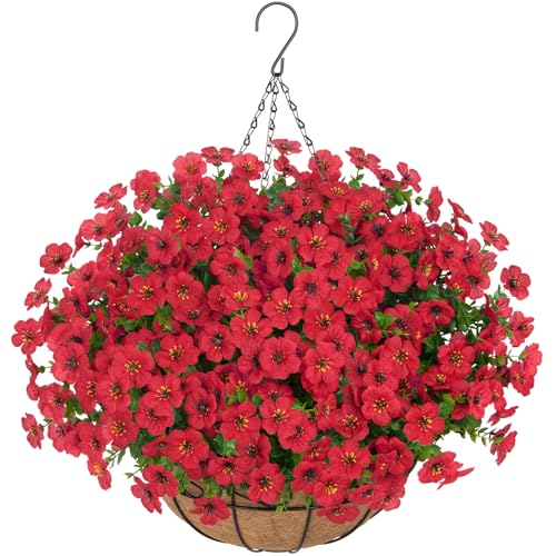 Bassion Artificial Hanging Flowers for Outdoors, UV Resistant Silk Flowers Basket Red Faux Daisy with Eucalyptus Leaves Hanging Fake Plants for Porch Balcony Patio Home Spring Summer Decoration - color: Red