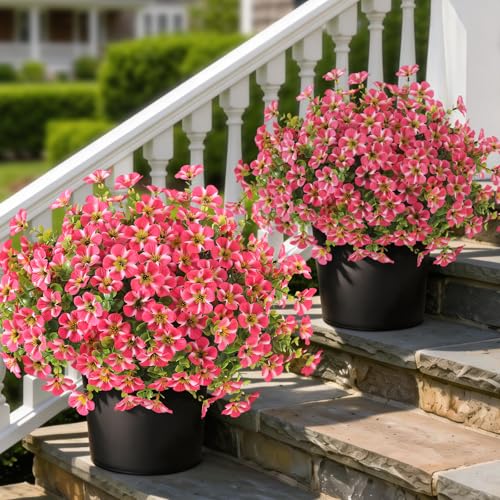 2 Set of Artificial Morning Glory & Eucalyptus Topiary Trees - Faux Silk Flower Potted Plants, UV-Resistant Fake Outdoor Morning Glory Bushes for Front Door, Yard, Farmhouse, Garden Decor (Rose Red) - color: Rose Red
