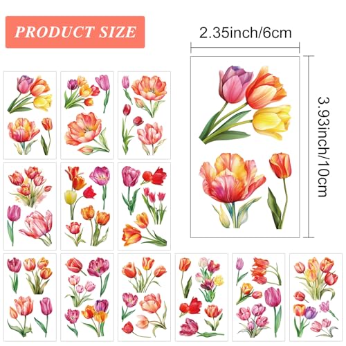 12 Sheets Black & White Watercolor Tulip Temporary Tattoos, Single Stem Bouquet Bud Bloom Pose with Leaves, Fresh Ins Forest Core Style, for Spring Picnic Travel