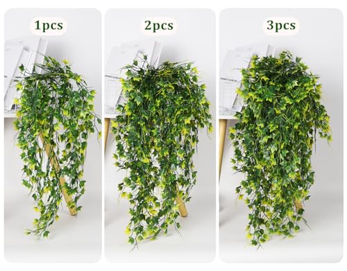 RECUTMS 3Pcs Artificial Hanging Plants Fake Vines for Outdoor Faux Greenery | 31.5'',UV Resistant Trailing Greenery,Fake Yellow Leaves,Faux Ivy Vine for Home Outside Garden Porch Home Office Decor - color: Yellow, size: Hanging Ivy