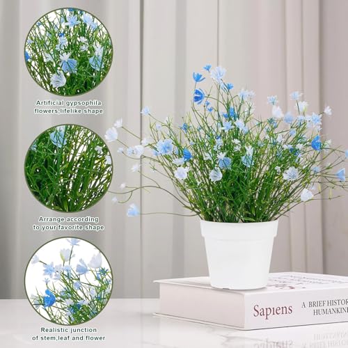 Artificial Babys Breath Potted Fake Plants with Flowers Faux Plants Indoor for Home Office Bookshelf Table Room Decor (Blue) - color: Blue