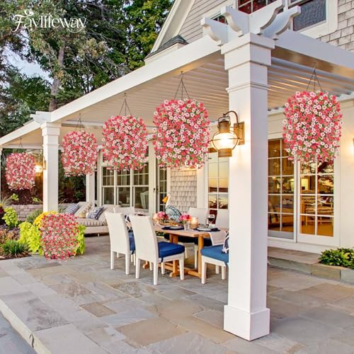 Artificial Hanging Flowers for Outdoors Spring Summer Decoration, 8PCS UV Resistant Silk Fake Hanging Plants for Patio Porch Front Yard Window Garden Indoor Decor(Hot Pink&Light Pink,8PCS) - color: Red&pink, size: 8PCS