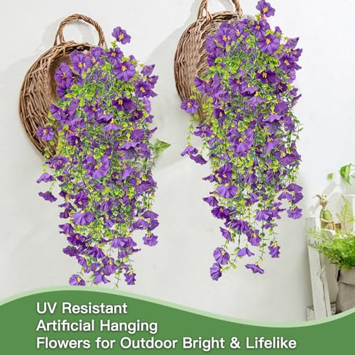 Artificial Flowers for Outdoors Fake Morning Glory Hanging Flower Decoration, 4 Pcs Realistic Faux Plants Petunias Trailing Vines, Spring Summer Decor for Porch Patio Balcony Planter Yard(Purple) - color: Purple, size: 4 Pcs