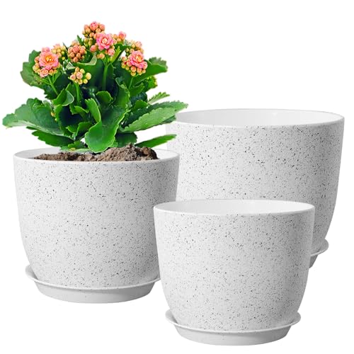 WSMKSZ Large Flower Pots 12/10/9 inch, Set of 3 Modern Decorative Plastic Planters with Drainage Holes and Saucers for Garden House Plants, Plant Pots for Indoor Outdoor Plants, Speckled White - color: Speckled White, size: 12"+10"+9"