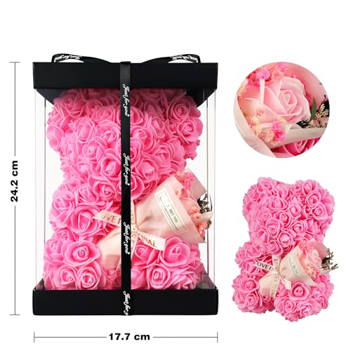 Mothers Day Rose Gifts for Mom Rose Bear Pink Teddy Bear Birthday Gifts for Women Wife Daughter Girlfriend,Flower Bear with Rose Bouquet and I Love You Necklace - color: Pink
