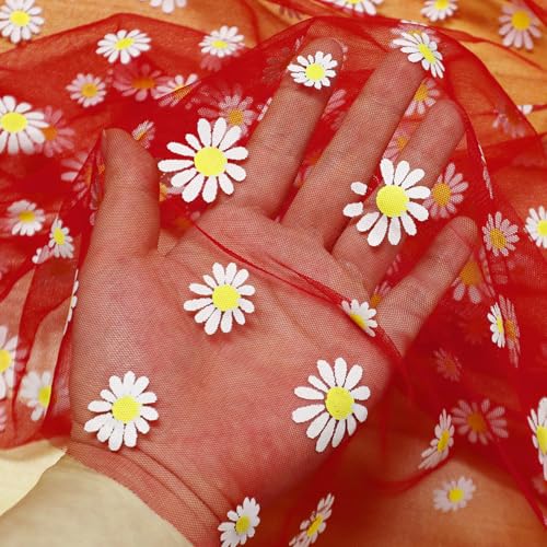 Daisy Gauze Table Runner 120 Inch 10FT, Floral Flower Tulle Table Runner Seasonal Kitchen Dining Table Decorations for Party Wedding Christmas Holiday Birthday (Red) - color: Red