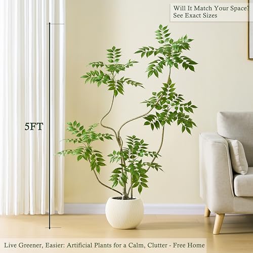 Artificial Sumac Tree：5FT Faux Mahonia Fortunei Tree Realistic Fake Floor Plant Silk Leaves & Elegant Branches in Pot Fake Plant for Minimalist Decor Indoor Home Sala Office Hotel Patio Studio - color: Sumac Tree, size: 5FT
