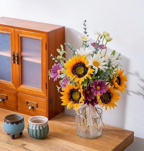 Artificial Faux Flowers in Vase for Home, Fake Flowers Arrangment with Pot, Sunflower Silk Daisy Bouquet for Fall Spring & Summer Decor Coffee Table Dinning Room Kitchen Centerpiece Table Decorations - color: Purple