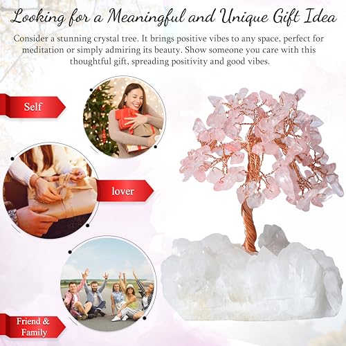 Crocon Rose Quartz Crystal Tree with White Aura Base Tree of Life Decor for Shelf, Bedroom, Birthday Gifts for Women, Sister Gift, Birthday Gifts for Mom, Cute Home Office Decor Housewarming Present - color: Bf Rose Quartz + White Aura Base