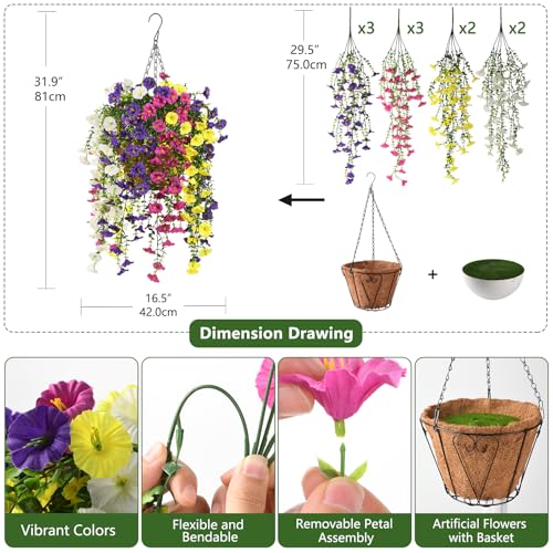 Homsunny Artificial Fake Hanging Flowers Plants Baskets for Outdoor Spring Decoration, Faux Morning Glory Silk Flower for Outside Realise UV Resistant Patio Yard Balcony Porch Home Decor (Mixed 2) - color: Mixed 2