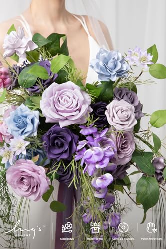 Ling's moment Purple Blue Wedding Bouquets for Bride, Lilac Bridal Bouquets for Bride, 13 Inch Free Form Artificial Wedding Flower Bouquet - color: Lilac & Gold, size: Small 13 Inch