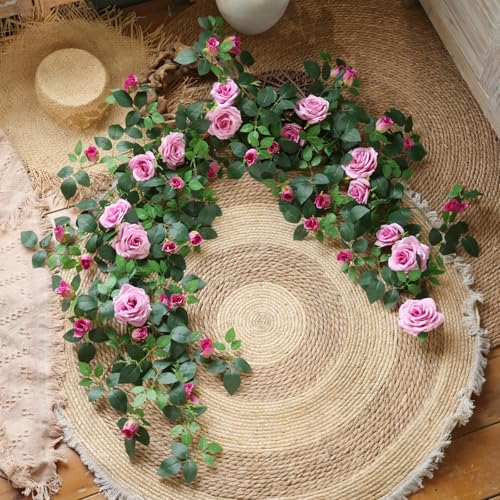 5.9FT Bendable Rose Flower Garlands, Artificial Silk Wild Roses Vine Hanging Flowers for Wall Fireplace Fence Trellis Wedding Baby Shower Home Spring Decor(Purple,2PC) - color: Purple, size: 2