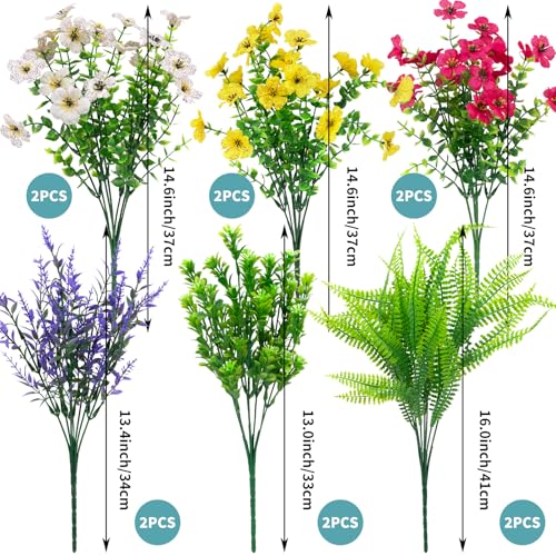12 Bundles 6 Styles Artificial Flowers for Outdoors, Fake Plants Flower UV Resistant No Fade Colorful Flowers Plastic Plants Daisy Lavender Boston Fern Faux Greenery for Outside Garden Porch Decor - color: White&yellow&rose Red, size: 12PCS