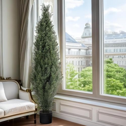 Artificial Topiary Cedar Tree, 60 inch Tall (2 Pieces), outdoor artificial tree Pot Faux Evergreen Fake Pine Cypress Trees Plant, UV Rated Artificial Greenery Set for Outdoor Indoor Front Porch Garden - color: 5ft