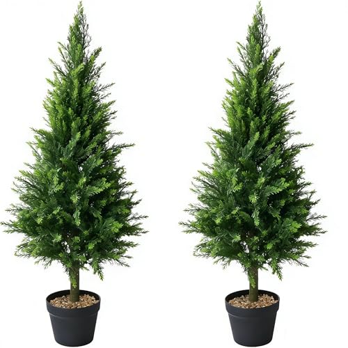 Set of 2 Artificial Cedar Topiary Christmas Trees, 4FT UV-Resistant Faux Cypress Shrubs with Planter — Tall Evergreen Decorative Plants for Outdoor and Indoor Porch, Patio, and Garden - color: 2pcs 4ft Cypress Tree