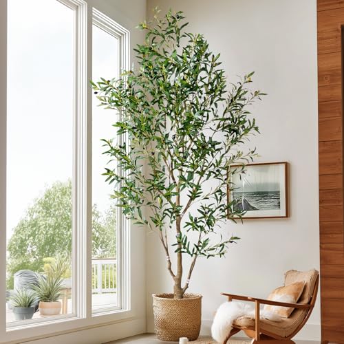 7ft Faux Olive Tree with White Pot & Moss, Artificial Olive Tree Indoor Outdoor, PE/PVC Leaves, Realistic Resin Trunk Large Fake Olive Tree Artificial Plants Indoor, Faux Plants Indoor for Home Decor - size: 7ft