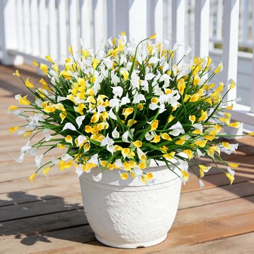 INXUGAO 12 Bundles Calla Lily Artificial Flowers for Outdoors, UV Resistant Faux Plastic Flowers for Home Porch Yards, Fake Plants for Spring Summer Cemetery Decor (Yellow White) - color: Yellow White, size: 12 Pcs