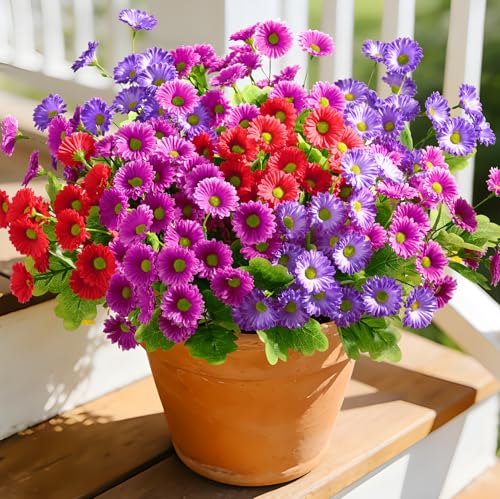 Waipfaru Artificial Flowers for Outdoors Faux Plants, UV Resistant Artificial Outdoor Flowers, Silk Daisy Realistic Fake Mums Flower for Front Porch Spring Home Planter Patio Decor, 6 Bundles, Mix - color: Red, Purple, Fuchsia, size: 6 PCS