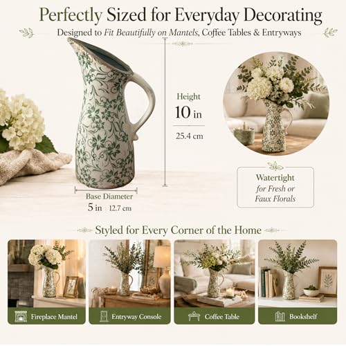 10" Farmhouse Pitcher Vase – Tuscan Green Scroll Ceramic Vase with Handle, Vintage Floral Decorative Jug for Kitchen Counter, Table, Mantel Decor - size: Tall – Pitcher Vase