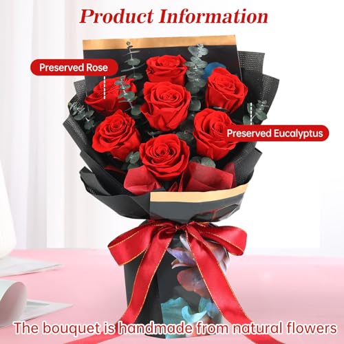 Preserved Flowers Bouquet 7 Roses, Forever Flower for Delivery Birthday Anniversary Wedding, Eternal Real Roses Bouquets with Gifts Box for Women Wife Mother Day, Red - color: Red