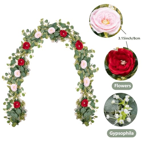 2 Pack 12Ft Artificial Flower Garland with Eucalyptus and 12 Roses, Fake Rose Garland Floral Vines for Wedding Backdrop, Table Centerpieces, Party Decor, Wall Greenery (Red Pink, 2PCS) - color: Red Pink