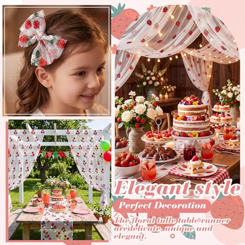 Mindsoft 3 Pcs Strawberry Table Runner, 10ft Tablecloth Strawberry Party Decorations Gauze Embroidery Tulle Lace Runner, for Table Wedding Birthday Bridal Baby Shower Holiday Dining Decor DIY - style: Strawberry