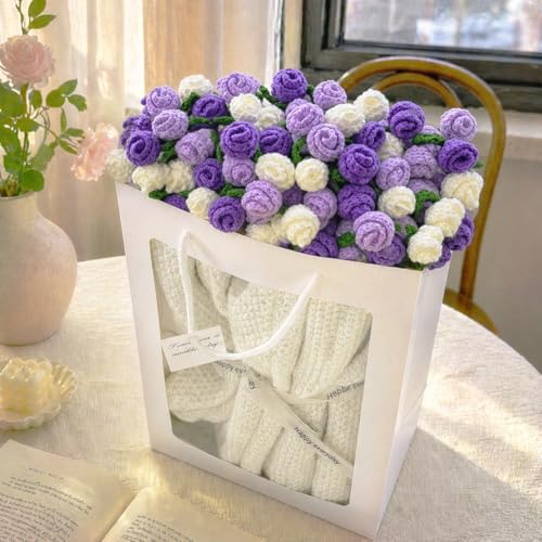 Crochet Flower Bouquet Throw Blanket, Cute Romantic Gift for Her Girlfriend Mom Mother’s Day Valentine Wedding Anniversary Birthday (Purple, 40 inches) - color: Purple, size: 40 inches