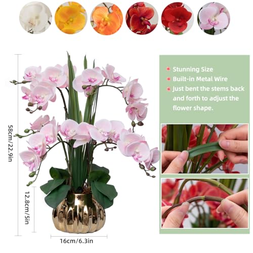 CXGS Artificial Orchid Flower Real Touch Faux Orchids in Ceramic Vase Large 22.9'' Fake Flowers Pink Phalaenopsis Floral for Home Indoor Decor - color: Pink- Golden (Large Pot)