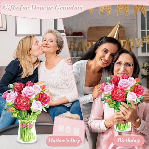 Airpark 3D Pop Up Paper Flowers Bouquet Card 12’‘ with Note & Envelope, Birthday Gifts, Anniversaries, Get Well, Thank You, Greeting Cards for Women Mom Wife Friends, Red Rose - style: Roses
