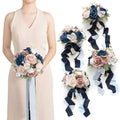 Ling's moment Navy Blue Bridesmaid Bouquets Set of 4, Dusty Rose Artificial Wedding Flower Bouquets Floral Bouquet Bridesmaid Bouquets with Ribbon, Ceremony,Anniversary,7-inch Diameter - color: Pk-dusty Rose & Navy