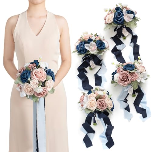 Ling's moment Navy Blue Bridesmaid Bouquets Set of 4, Dusty Rose Artificial Wedding Flower Bouquets Floral Bouquet Bridesmaid Bouquets with Ribbon, Ceremony,Anniversary,7-inch Diameter - color: Pk-dusty Rose & Navy