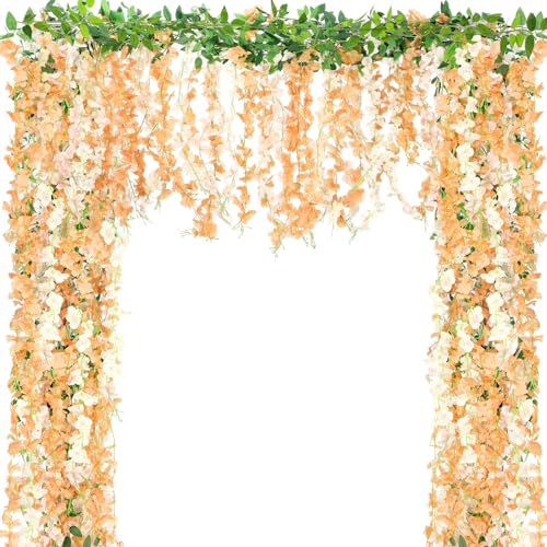Thiccywoov 4pcs Wisteria Artificial Flowers Garland, 7.2Ft/Piece Wisteria Hanging Flowers Garland for Wedding Arch Decoration Outdoor Ceremony Home Backdrop Garden (Champagne,Orange) - color: Champagne,orange