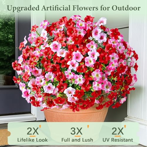 Artificial Flowers for Outdoors, 12 Bundles Mixed Color Artificial Petunias Fake Flowers for Outside, UV Resistant Realistic Silk Flowers for Decorations, Outdoor Faux Flowers Plants for Garden Porch - color: Mixed Red, size: 12 Pack