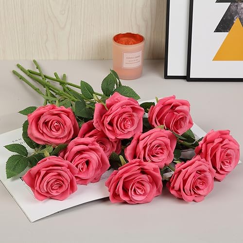 15pcs Fake Roses Artificial Silk Flowers Faux Rose Flower Long Stems Bouquet for Arrangement Wedding Centerpiece Party Home Kitchen Decor - color: 15pcs Barbie Pink