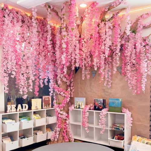 Yinder 35 Pcs 3D Wisteria Tree for Classroom Room Include Artificial Cherry Blossom Vines with Kraft Paper Tape for Classroom Home Room Wedding Summer Party Decor - color: Pink, style: Cherry Blossom