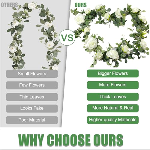 6FT Artificial Eucalyptus Garland with 14 Fake White Rose Flowers - Floral Greenery Decoration Vine for Runner, Backdrop, Arch Wall Decor,Indoor/Outdoor, (1 PCS) - size: 1 Pack