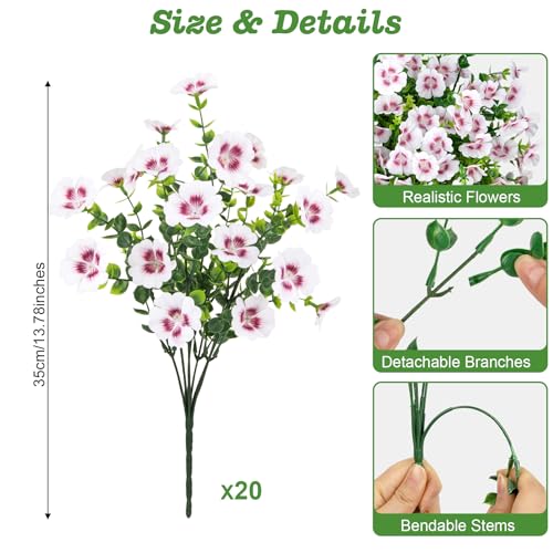 Roberly 20 Bundles Artificial Flowers for Outdoors, Fake Silk Flowers with Plastic Eucalyptus Greenery Stems Realistic Faux Plants for Spring Summer Porch Patio Yard Garden Vase Home Decor, White - color: White