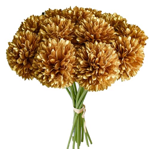 Mandy's 12pcs Artificial Gold Chrysanthemum | 11.8 inch Artificial Mums Flowers for Home Table Centerpiece Summer Decor Silk Flowers for Porch Patio and Wedding - color: Gold