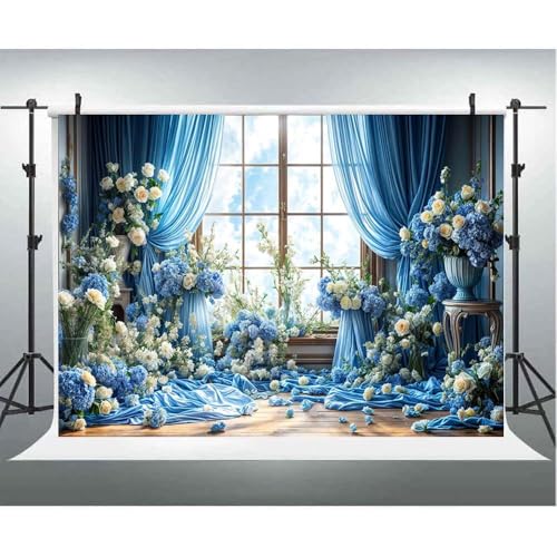 White Rose Floral Blossoms Backdrop Bridal Wedding Flowers Background Anniversary Ceremony Cake Smash Wedding Theme Party Decoration Valentine Kids Adults Woman Mom Photo Backdrop(Blue-2, 8x6feet) - color: Blue-2, size: 8x6feet