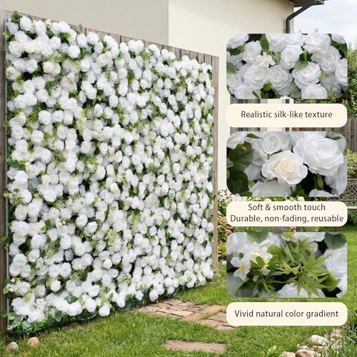 rosemorning 8x8FT White and Green Artificial Flower Wall Backdrop,5D Silk Flower Wall Panel for Wedding Party Birthday Baby Shower Photo Booth Decor Easy to Install Reusable - color: Eira-White, size: 8Ft*8Ft
