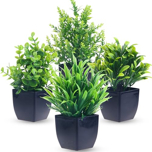 GREENTIME 4 Pack Fake Plants in Black Pot Mini Artificial Eucalyptus Potted Plant Small Faux Grass Greenery Potted for Indoor Home Office Farmhouse Bathroom Table Decoration - color: Black-4