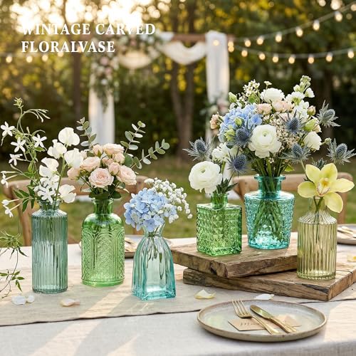30Pcs Green Glass Bud Vases, Wedding Table Decor, Bulk Housewarming Gift | Green bud vases in bulk, Rustic embossed, Vintage-styled glass vases for centerpieces, 15 unique vintage styles(2 per design) - color: Green Series