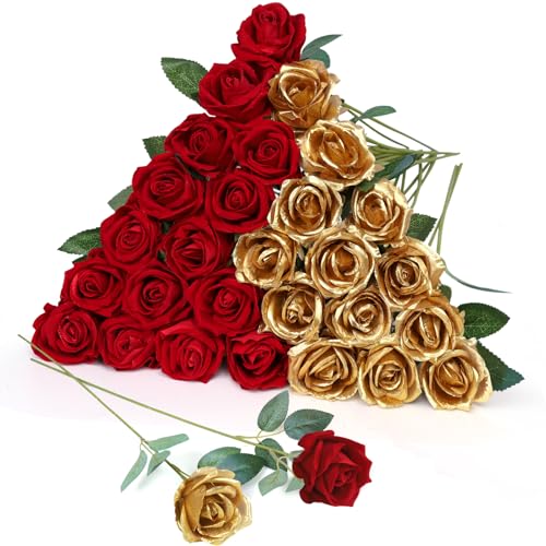 30pcs Fake Roses Artificial Silk Flowers Long Stems Bouquet for Wedding Bridal Shower Party Home Decoration (Burgundy + Gold) - color: Burgundy + Gold