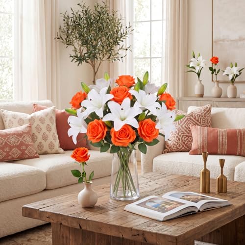 Fake Flower, 16 Pcs Plastic Orange Roses & PU White Lilies, Artificial Flowers Faux Bouquet Realistic for Vase Home Decor Gifts for Mother's Day Table Centerpiece Wedding Bridal Arrangement