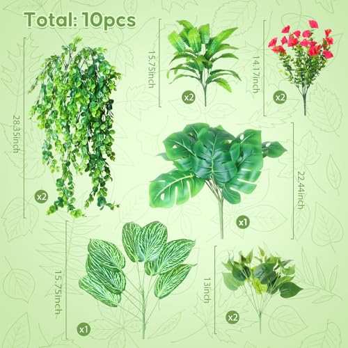 Artificial Greenery Outdoor Fake Ivy Plants Hanging Faux Boston Ferns Stems UV Resistant,10Bundles Faux Shrubs Mixed Artificial Flowers Grass for Outdoor Planter Window Box Bedroom Porch - color: Red Green